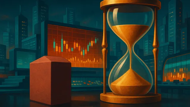 An hourglass and a block on a reflective surface