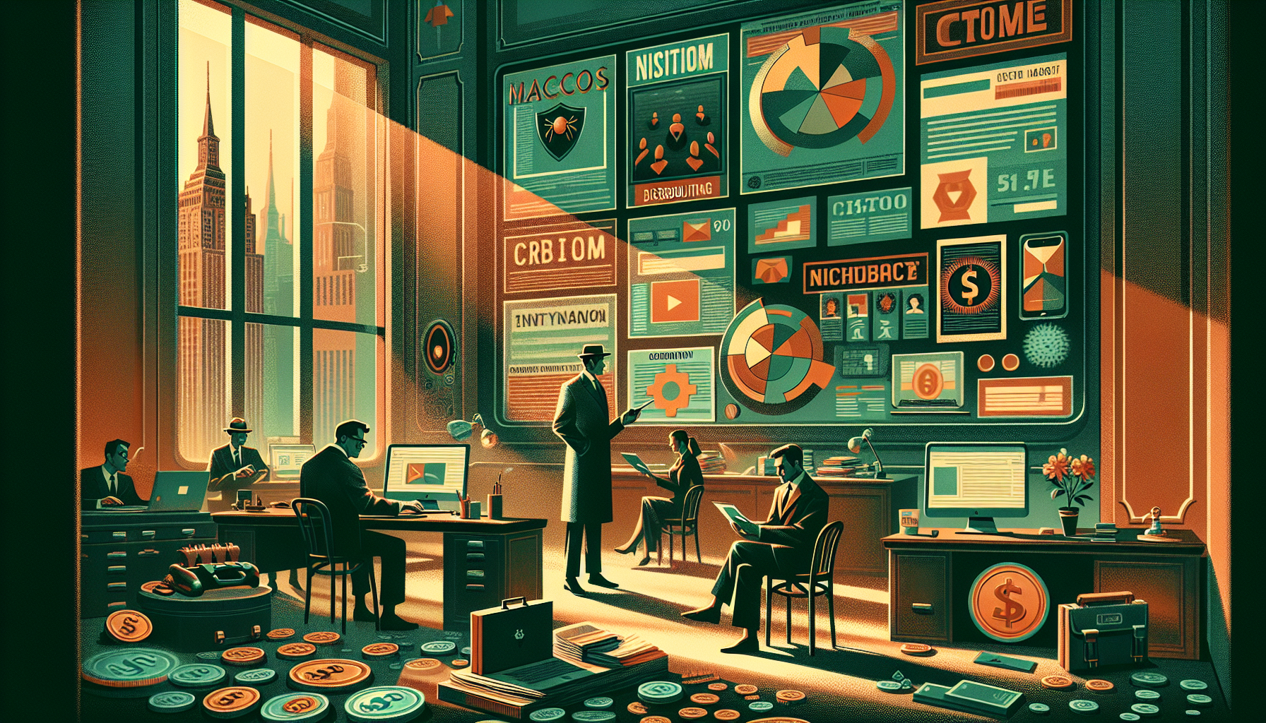 A modern office with large windows, city skyline