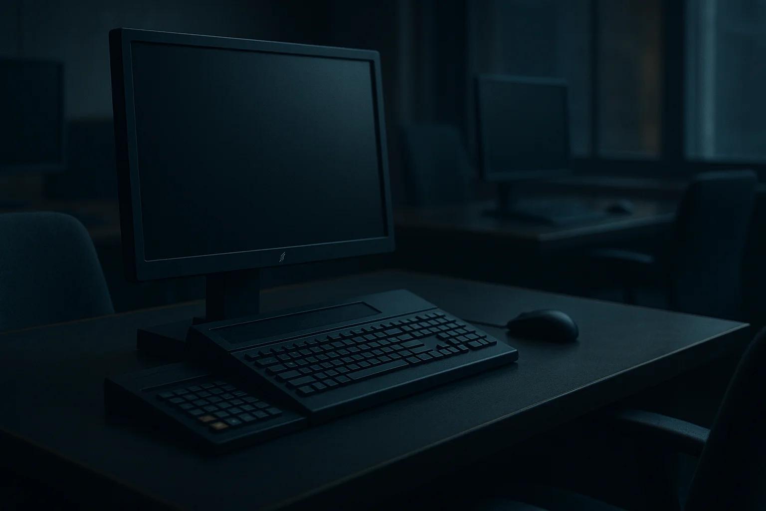 Dark classroom with a computer setup on a desk