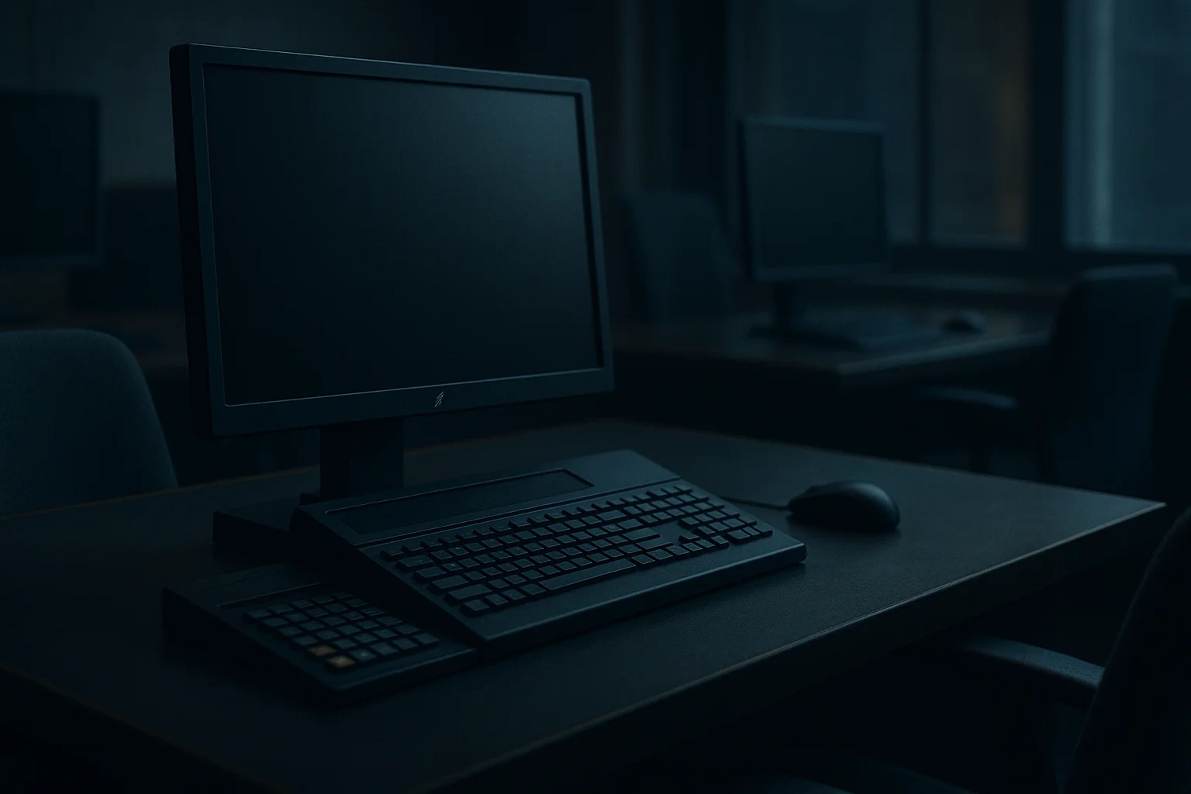 Dark classroom with a computer setup on a desk