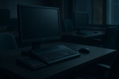 Dark classroom with a computer setup on a desk