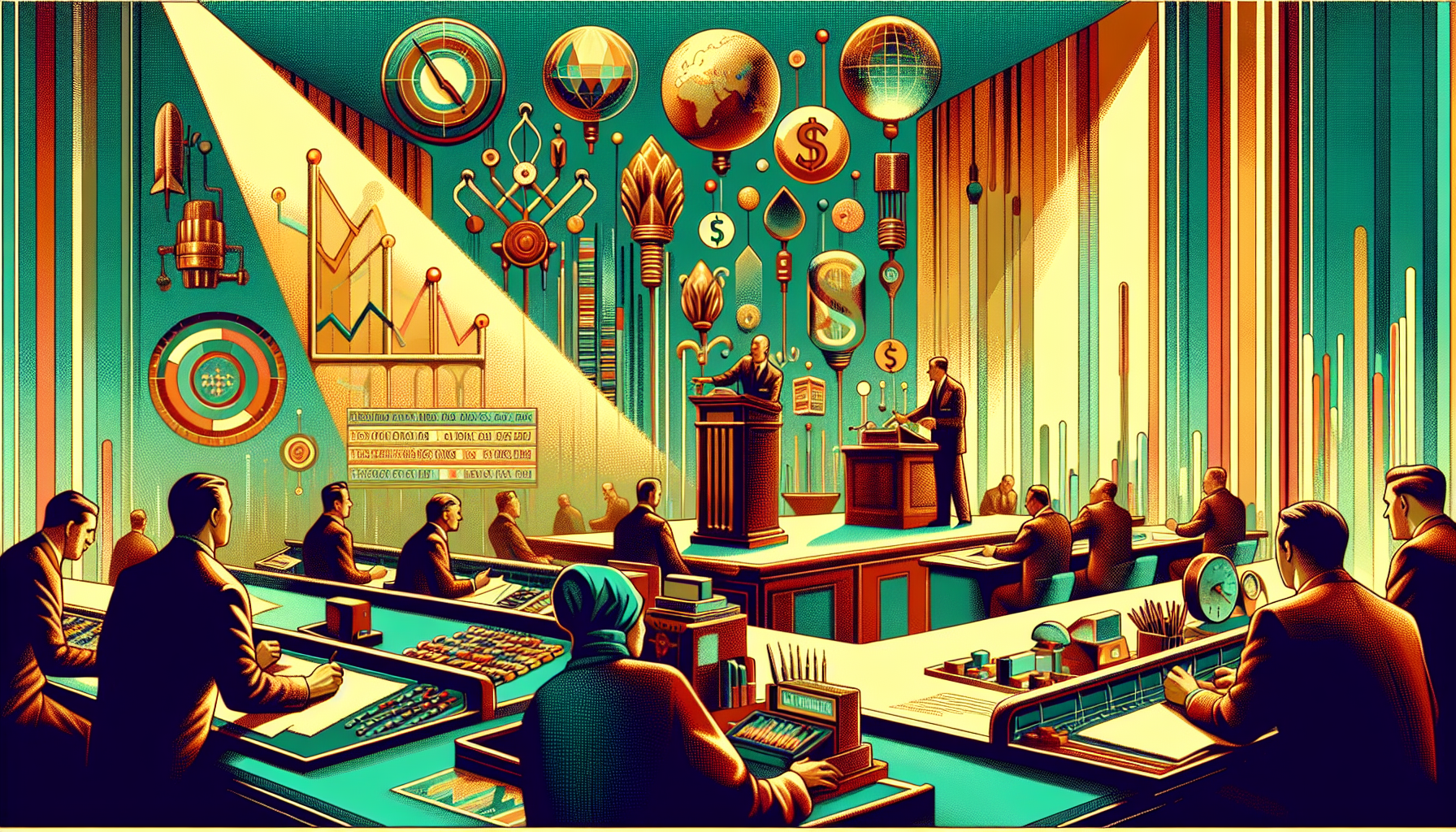 A stylized conference room with a podium