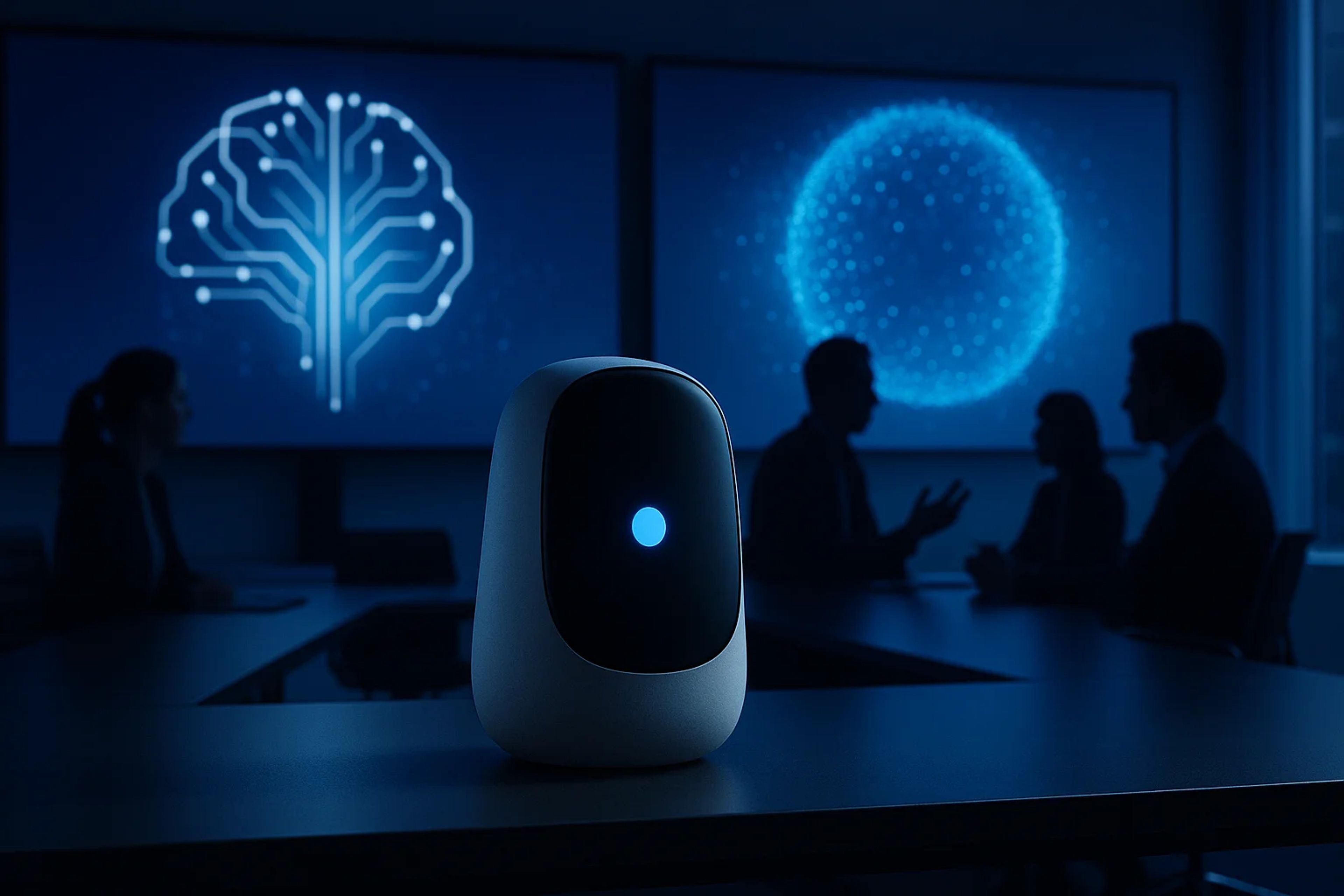 A futuristic device with a blue light in a dimly