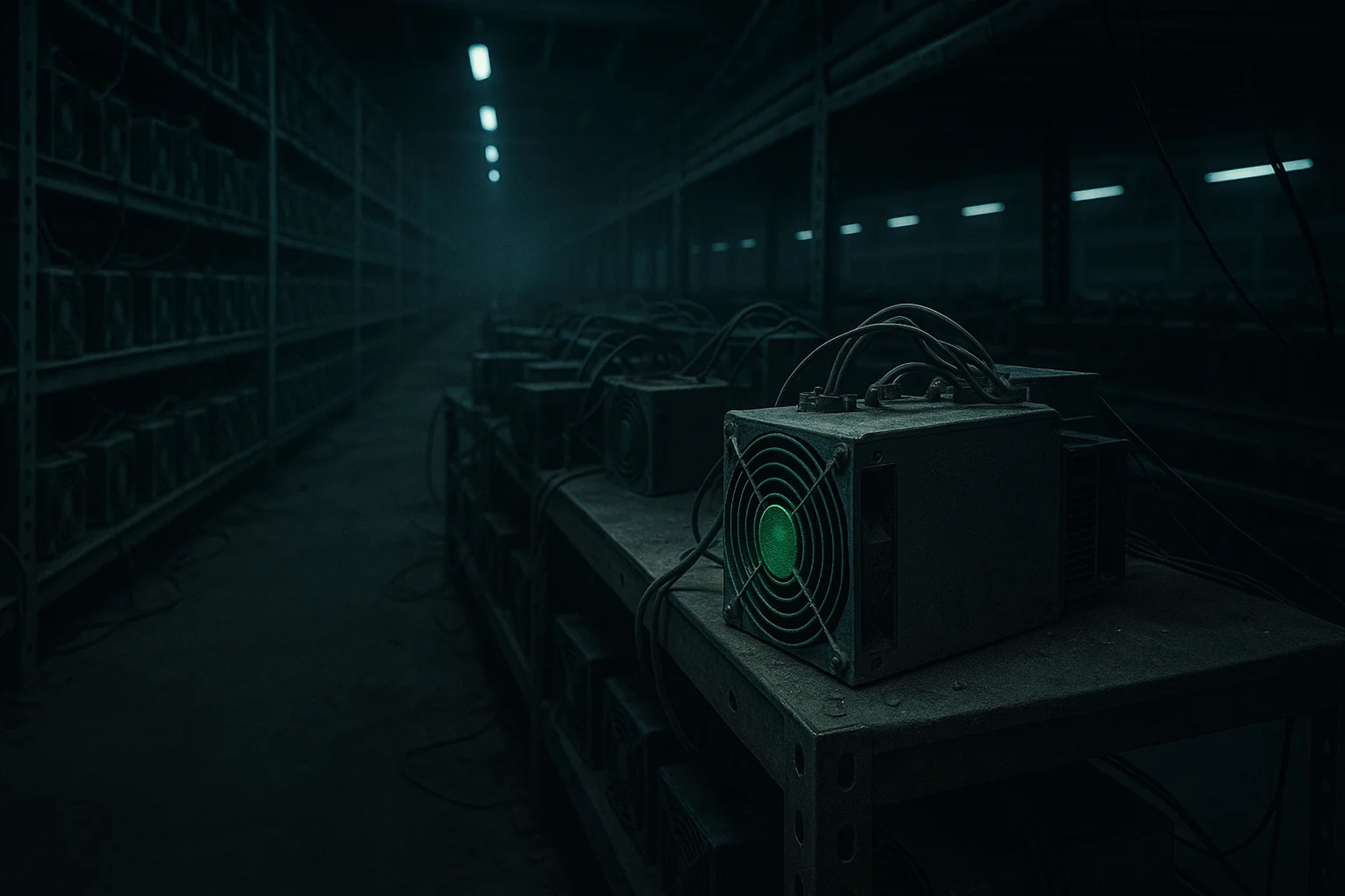 Dimly lit warehouse with rows of mining equipment