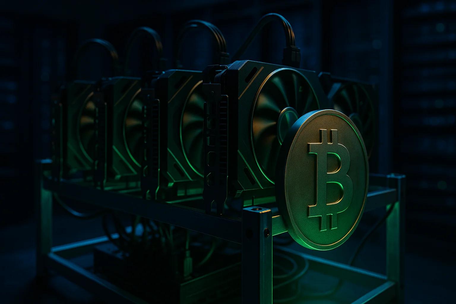 Bitcoin mining hardware with glowing fans
