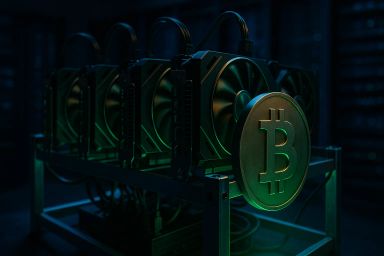 Bitcoin mining hardware with glowing fans