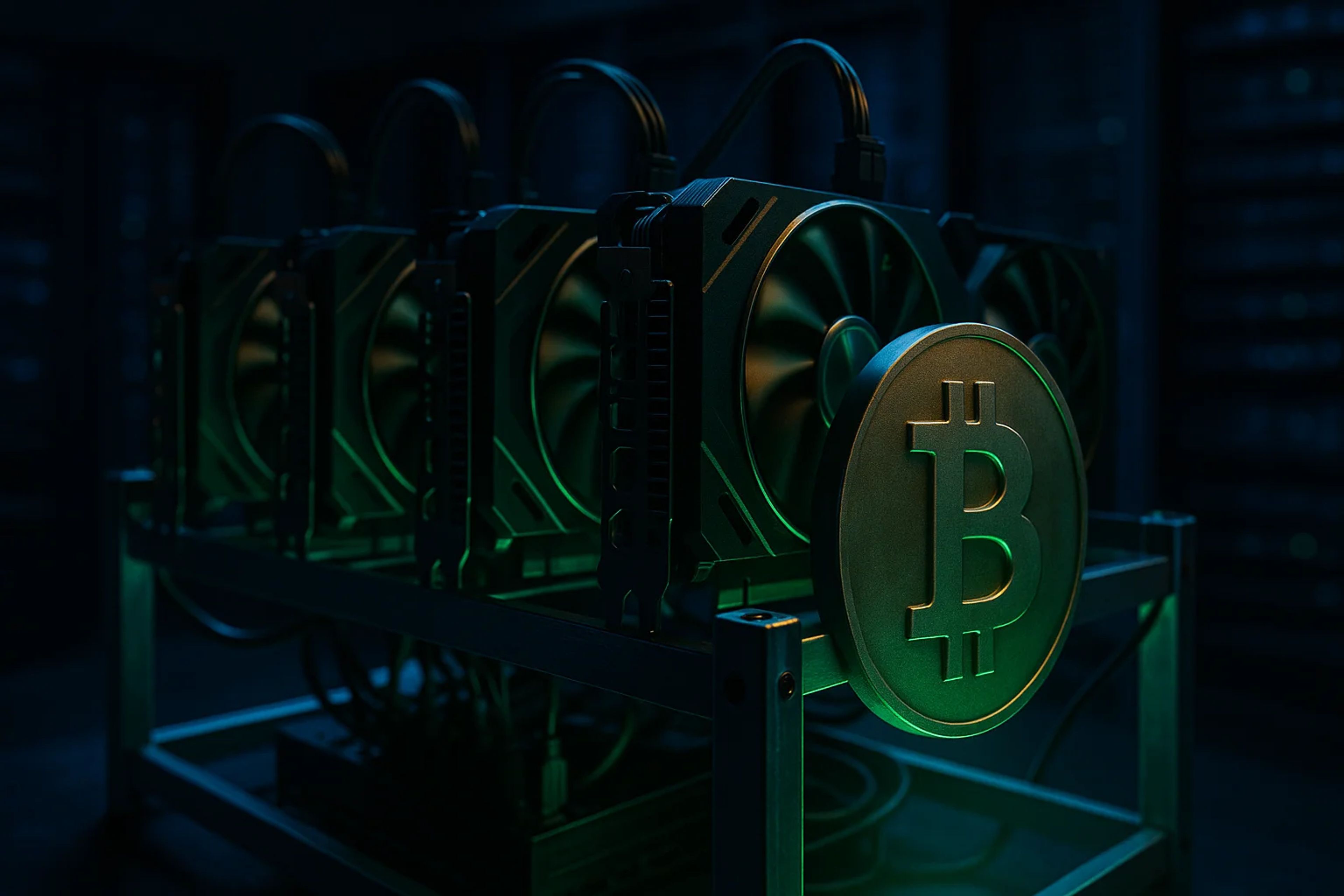 Bitcoin mining hardware with glowing fans