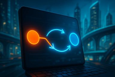 A laptop screen displaying a blue and orange
