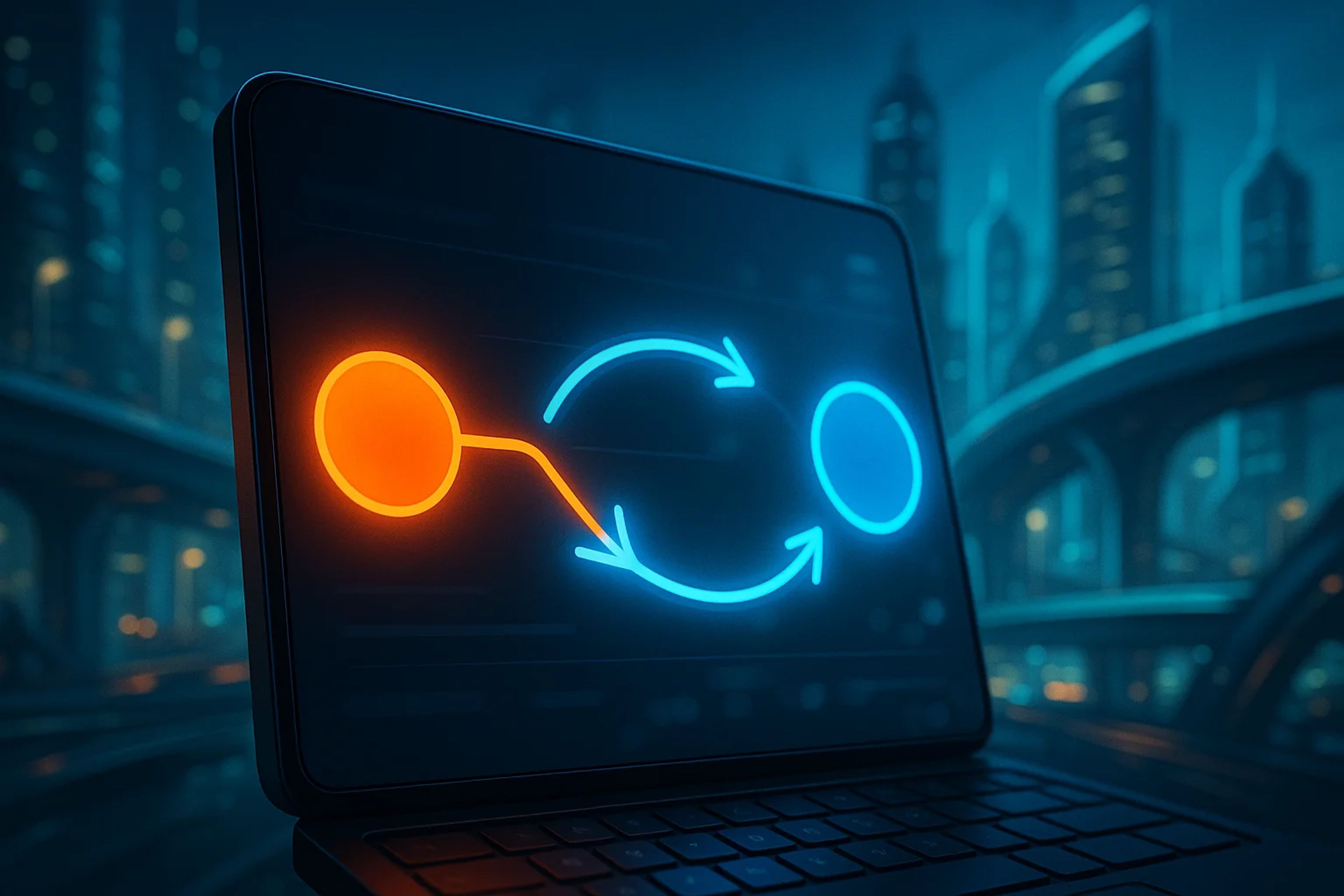 A laptop screen displaying a blue and orange