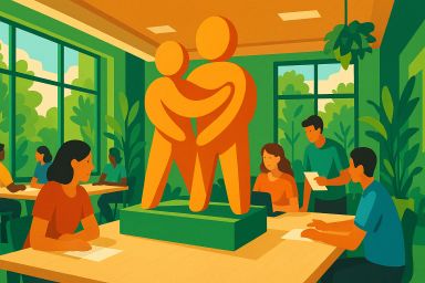 Colorful illustration of a modern workspace with