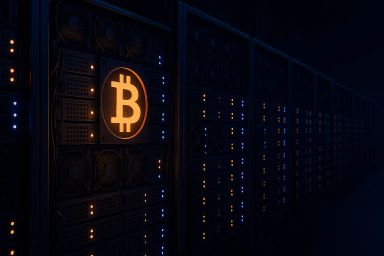 Dark server room with illuminated Bitcoin symbol