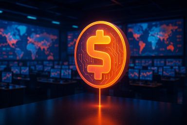 Glowing dollar sign in a dark trading room