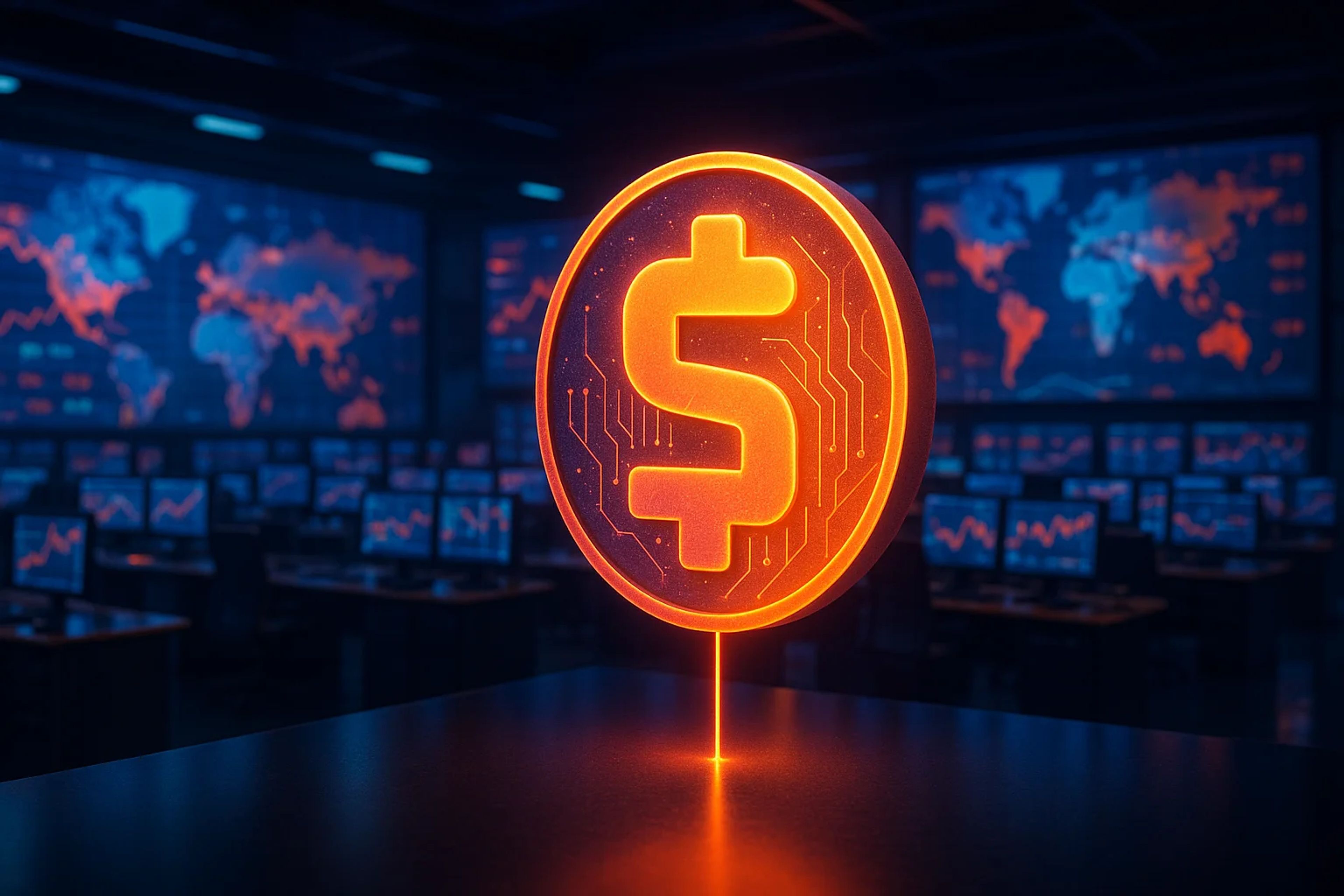 Glowing dollar sign in a dark trading room