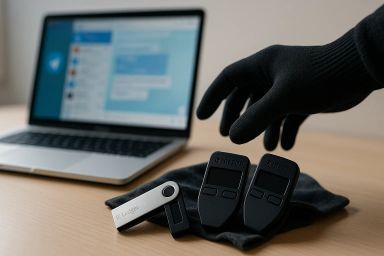A gloved hand reaches for two black devices on a