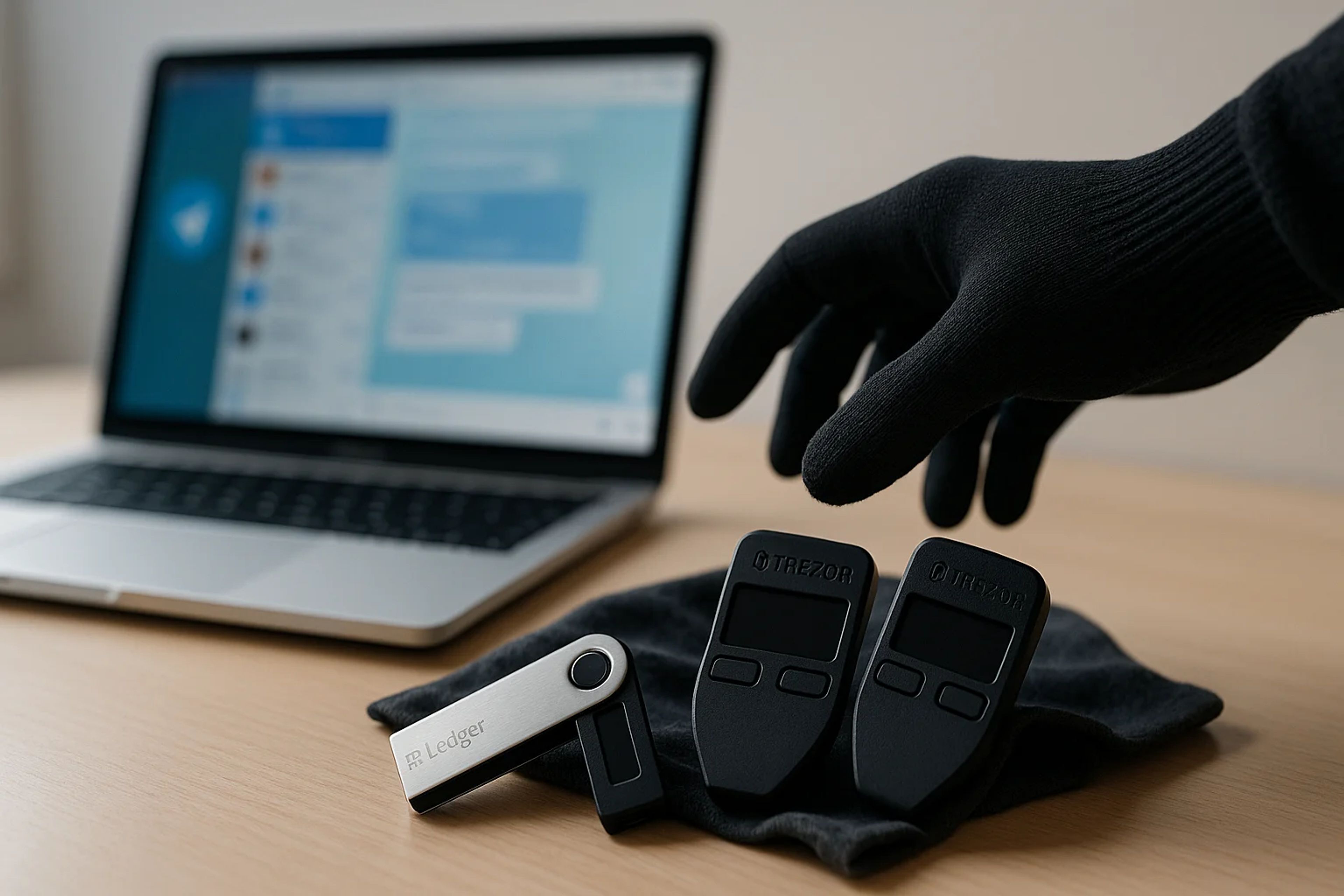 A gloved hand reaches for two black devices on a