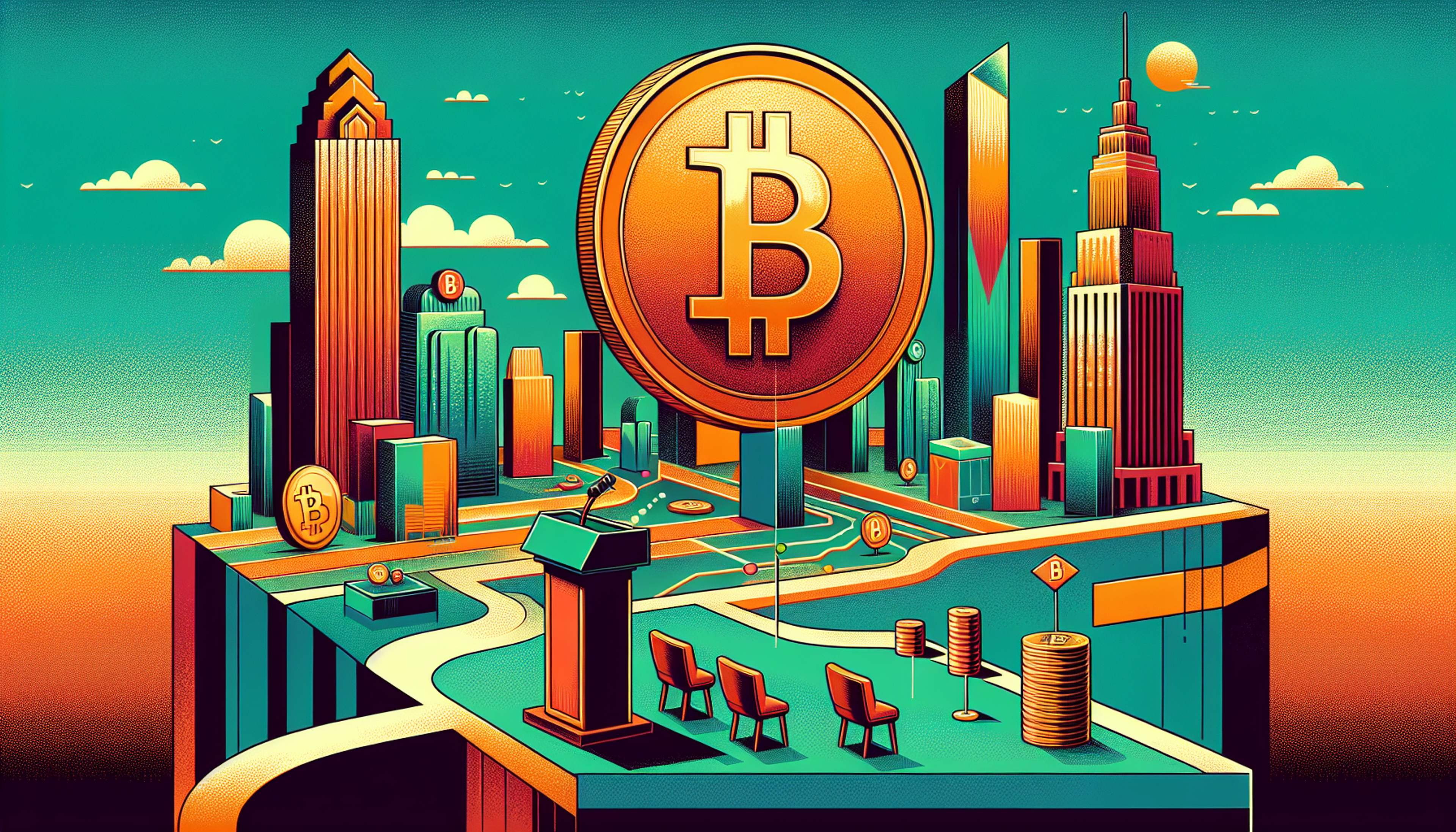 Colorful cityscape with large Bitcoin symbol and