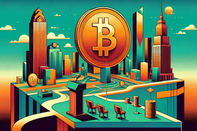 Colorful cityscape with large Bitcoin symbol and