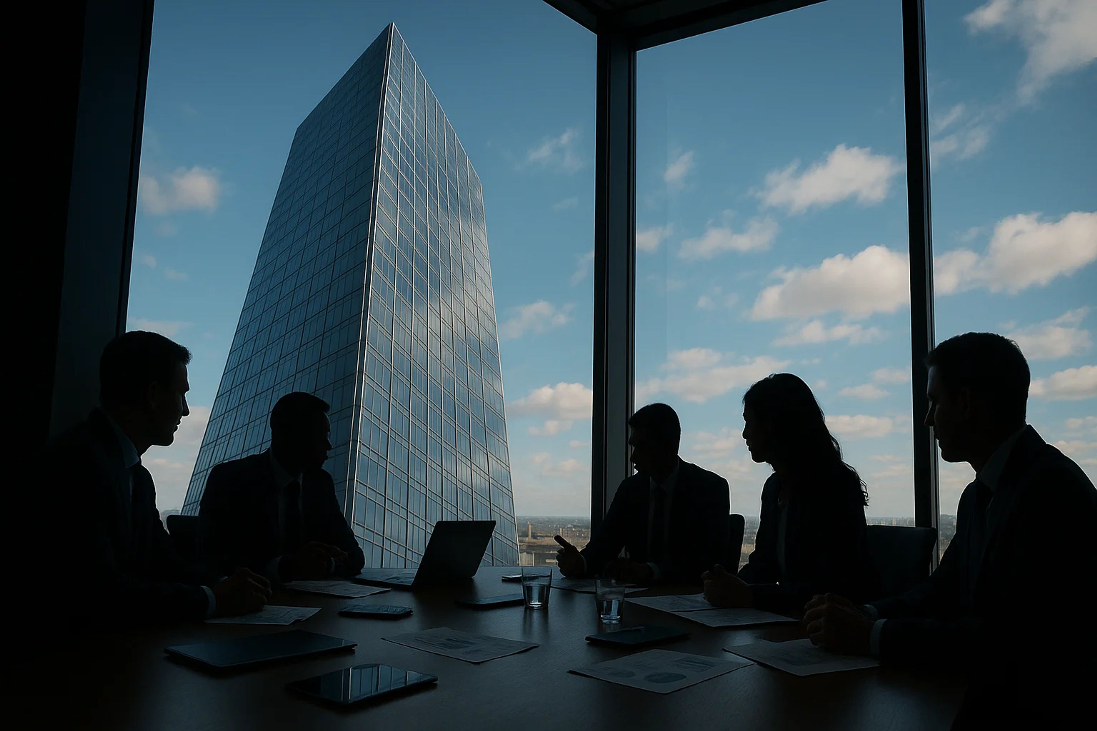 Silhouetted figures in a boardroom with a tall