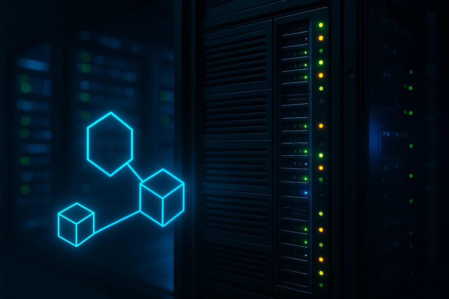 Dark server room with illuminated network