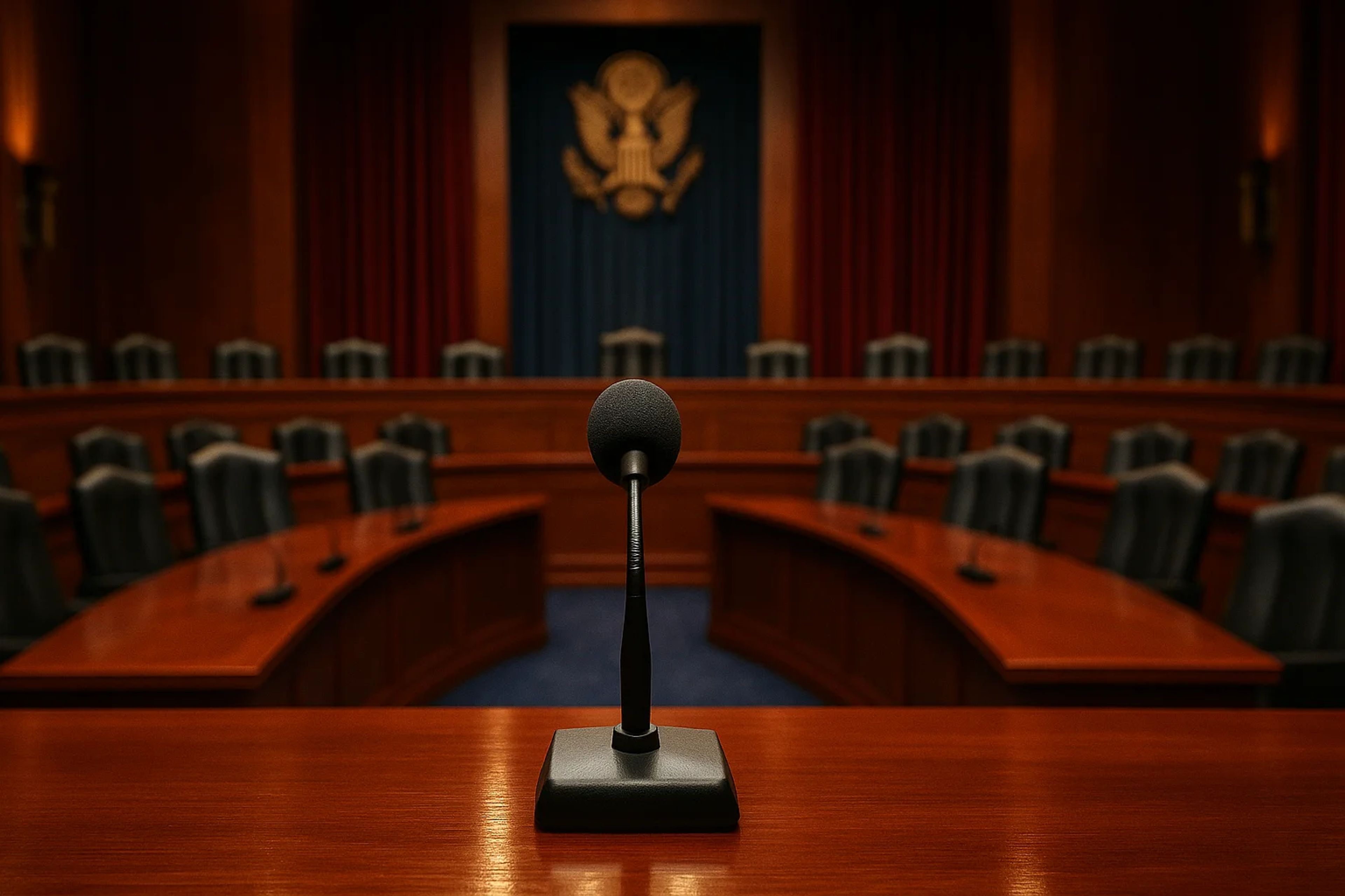 A microphone on a wooden table in a courtroom