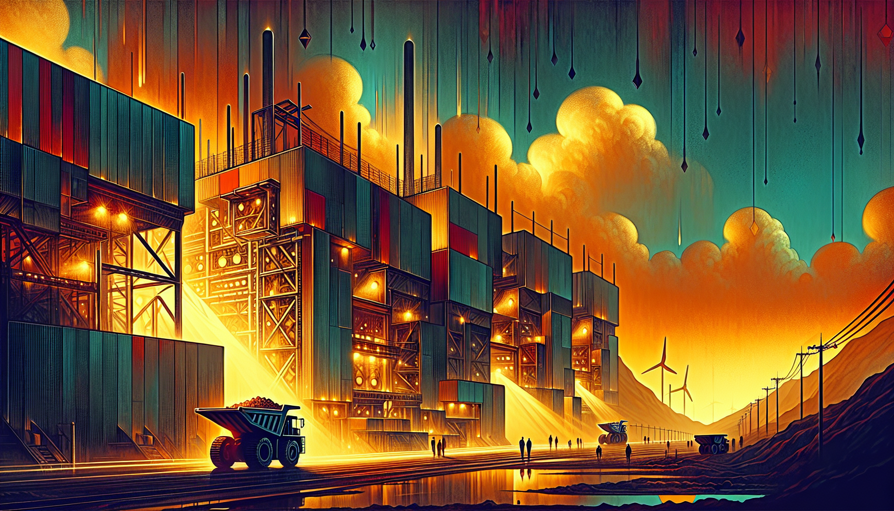 Futuristic industrial landscape at sunset