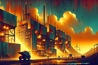 Futuristic industrial landscape at sunset