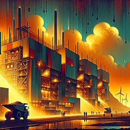 Futuristic industrial landscape at sunset