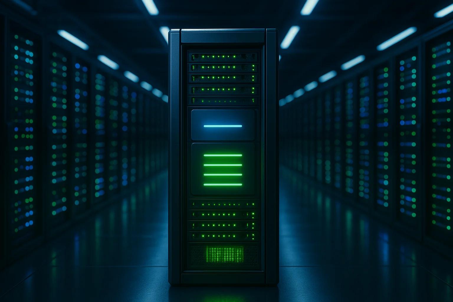 A server rack illuminated with green lights in a