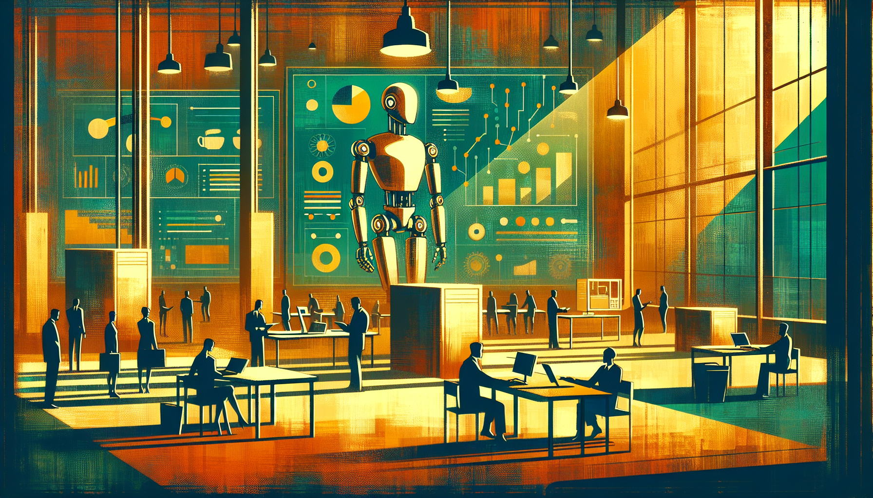 A futuristic office space with a large robot and