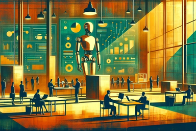 A futuristic office space with a large robot and