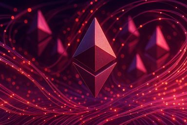 Three red geometric pyramids on a dark background