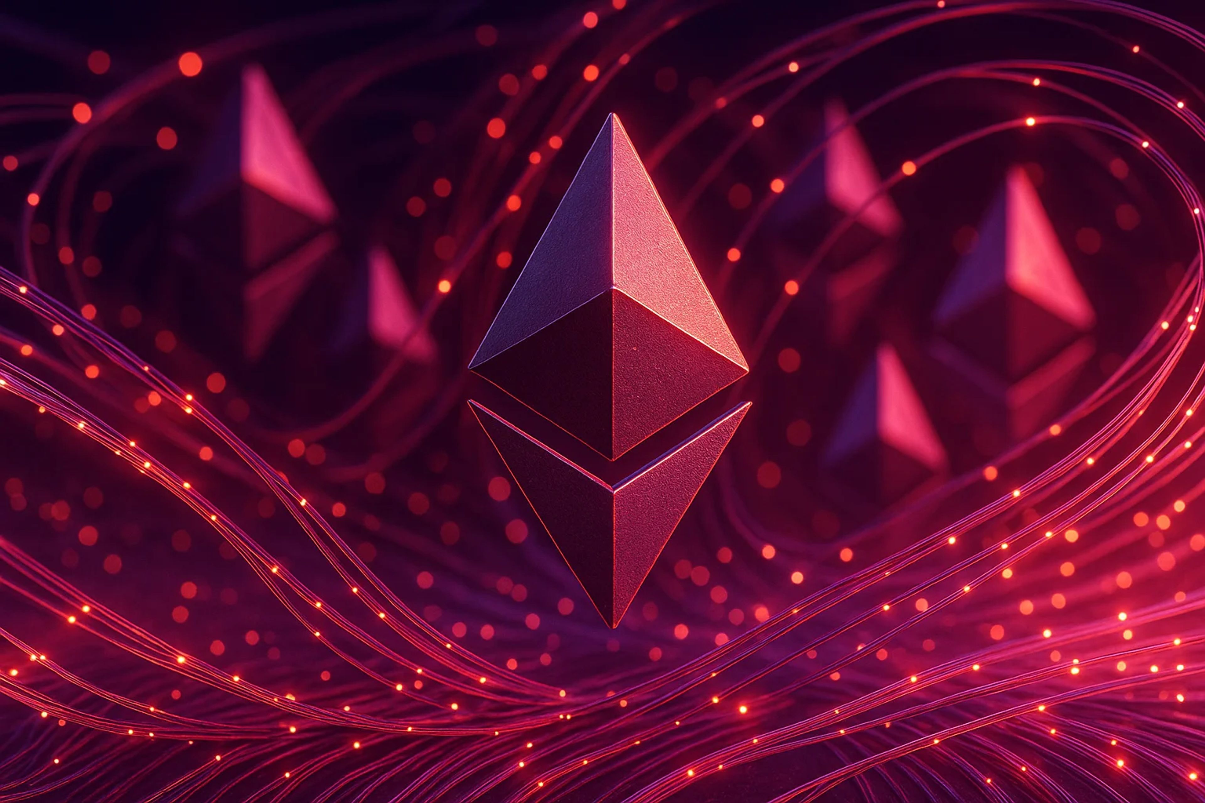 Three red geometric pyramids on a dark background