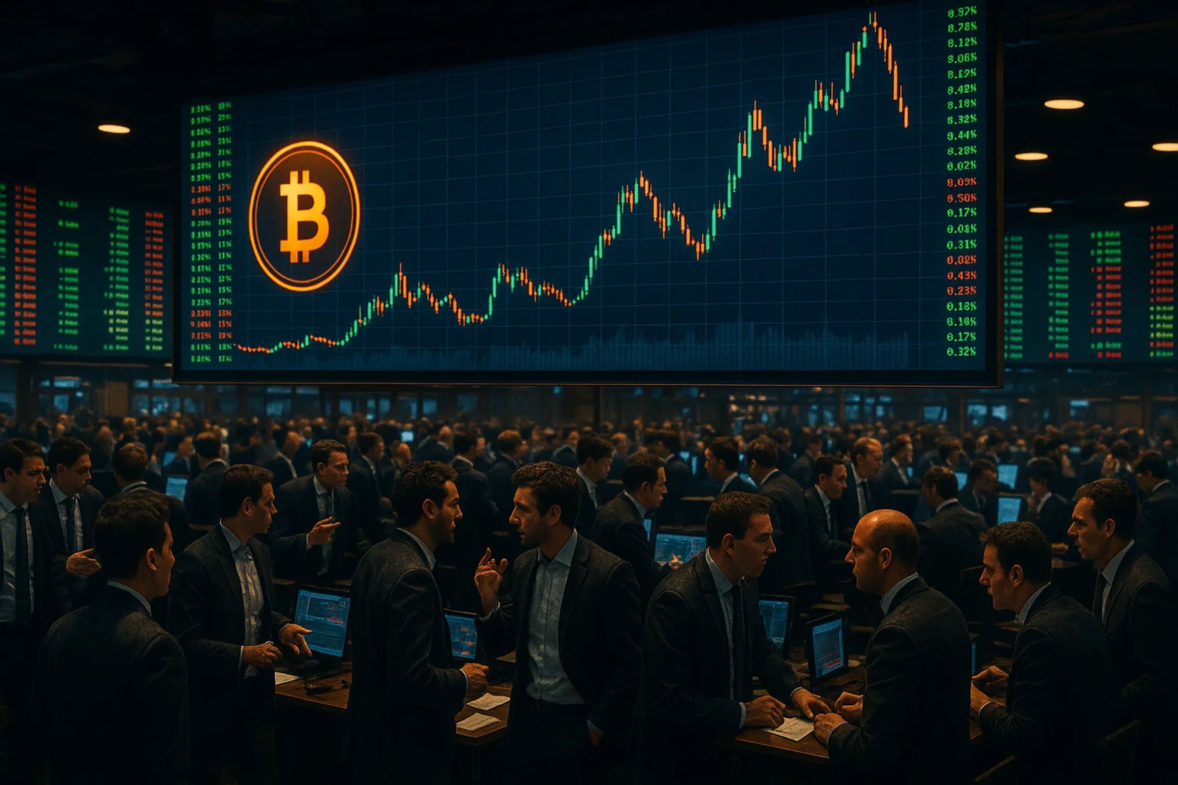Crowded trading floor with multiple traders and