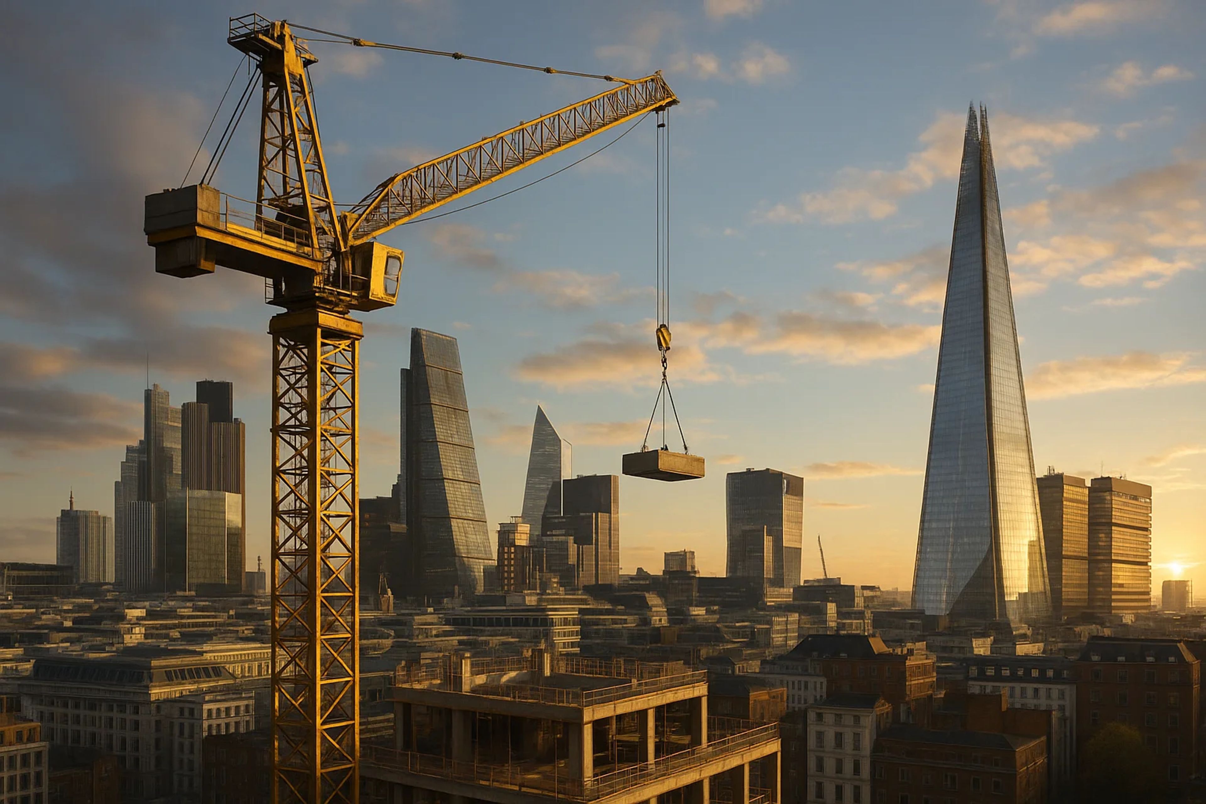 Construction crane against a city skyline at