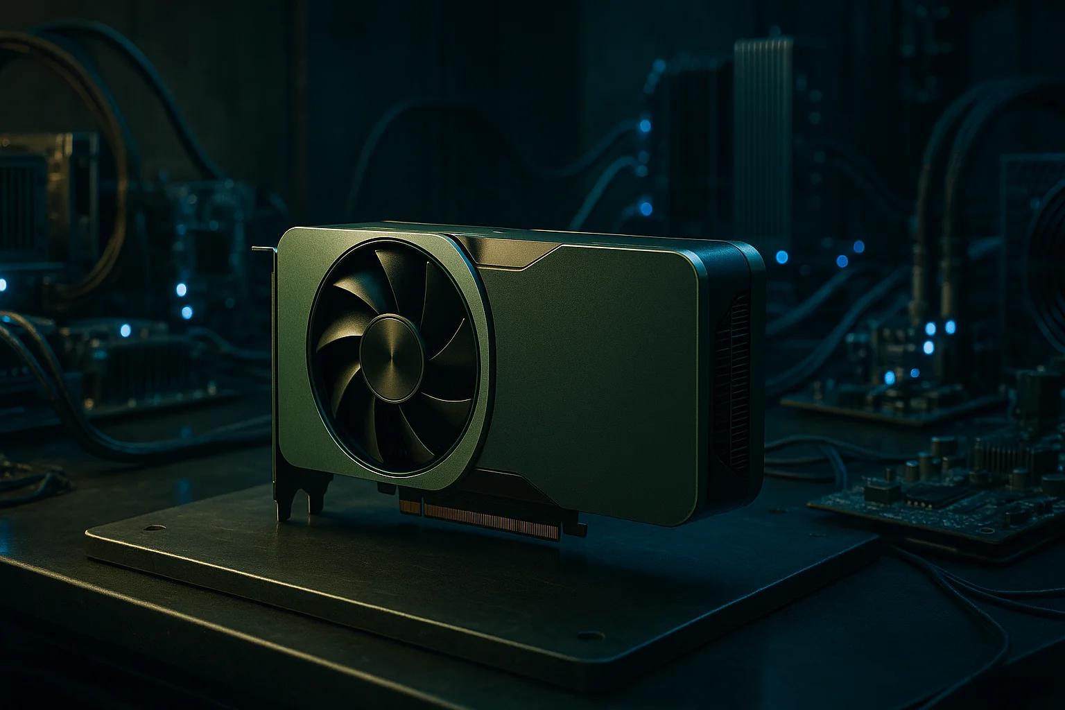 A graphics card on a dark workbench surrounded by