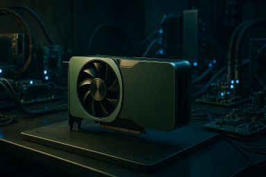 A graphics card on a dark workbench surrounded by