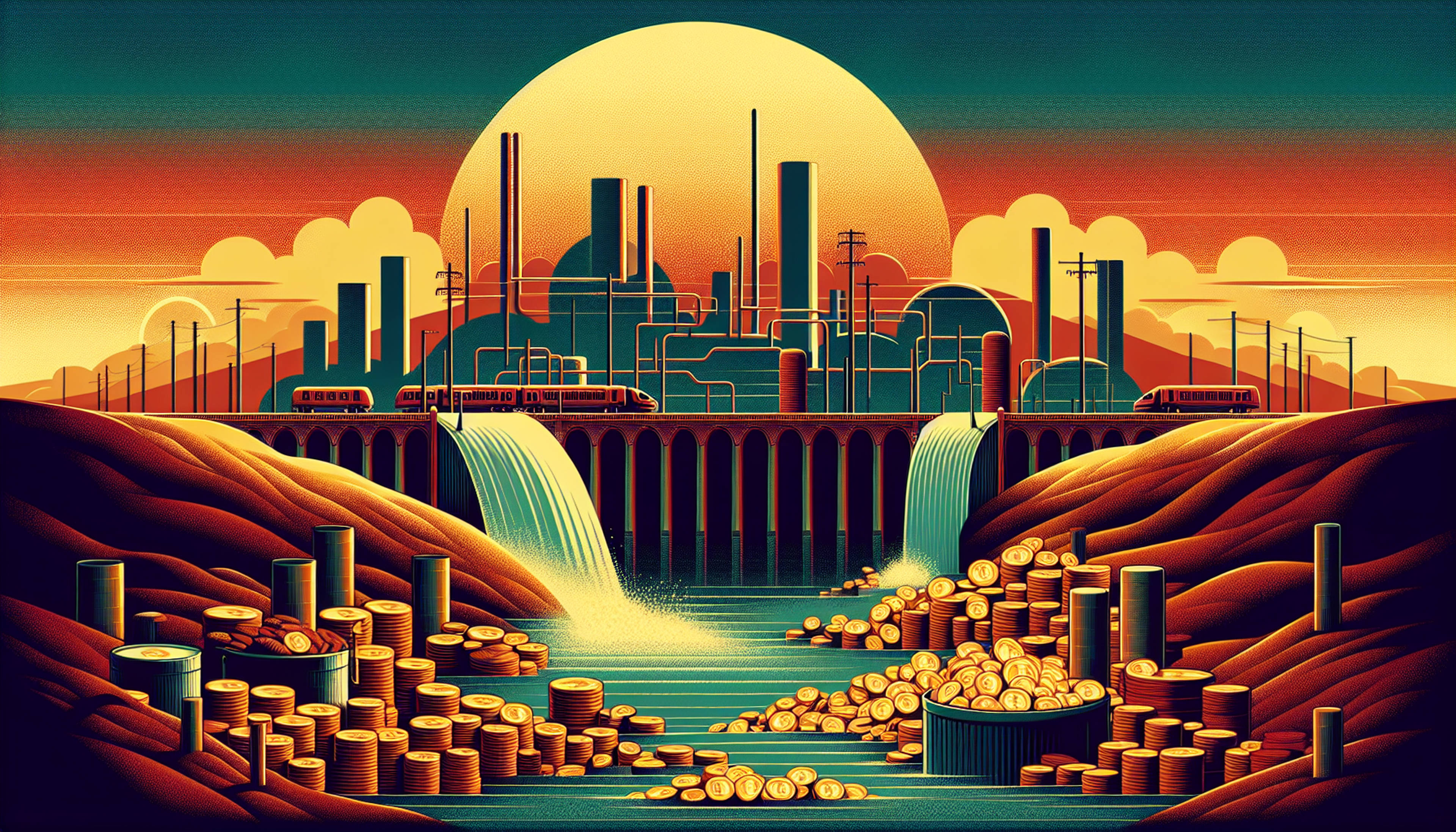 A stylized industrial landscape with factories