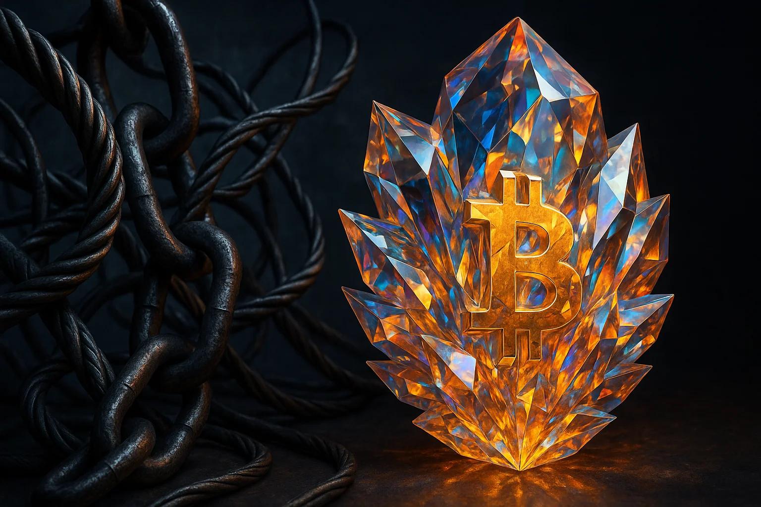 A crystal-like sculpture of a Bitcoin symbol