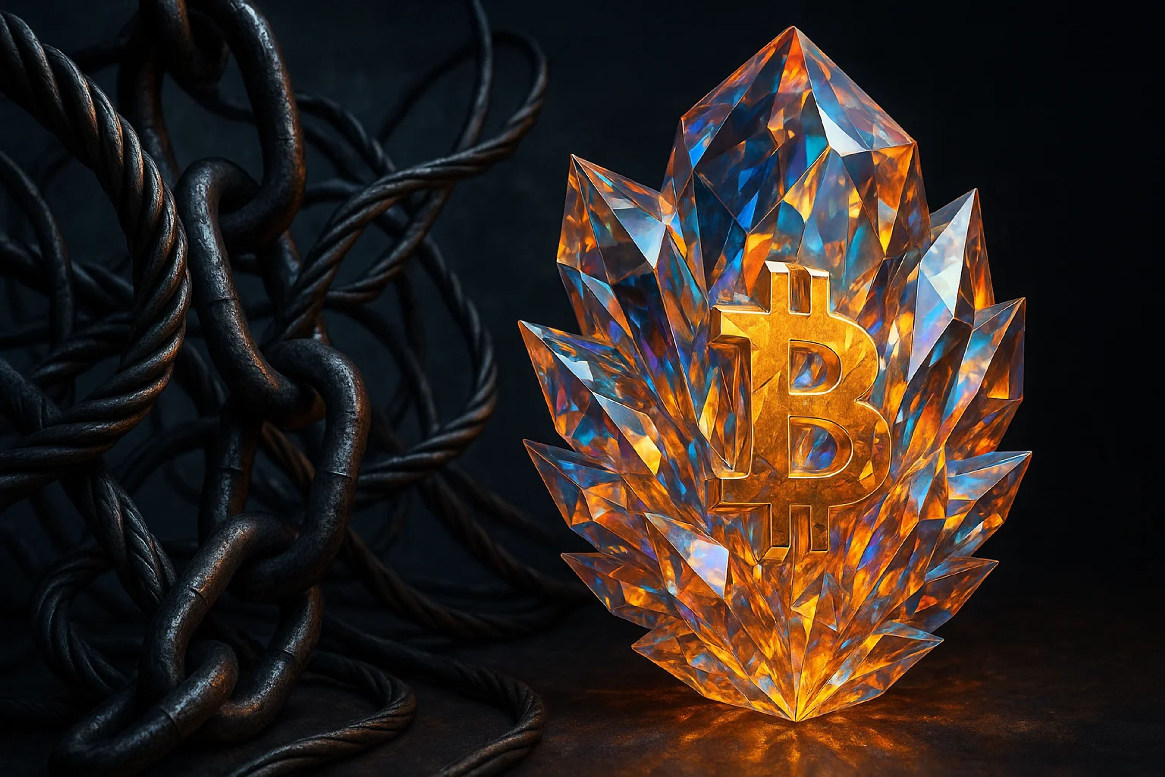 A crystal-like sculpture of a Bitcoin symbol