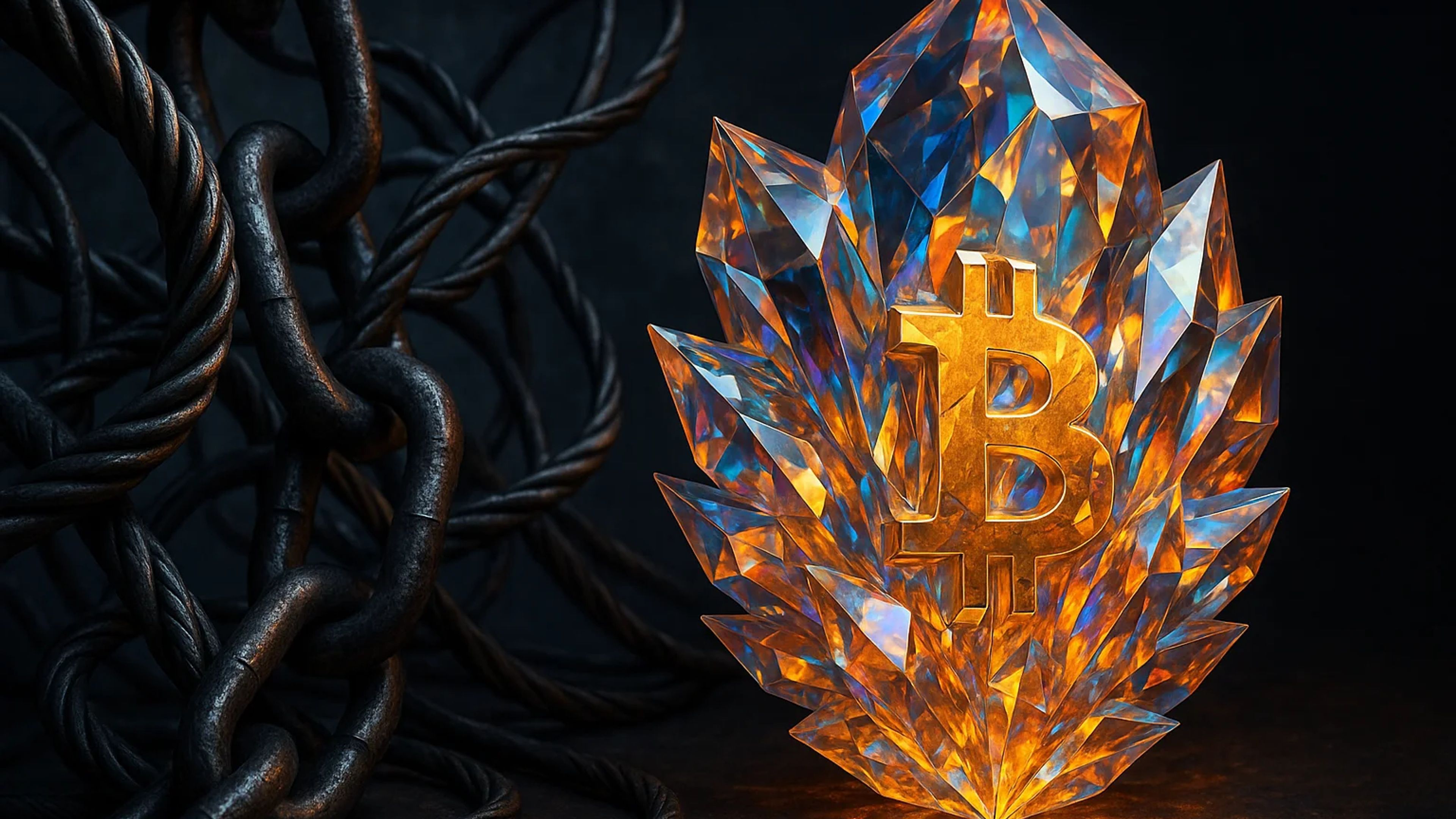 A crystal-like sculpture of a Bitcoin symbol