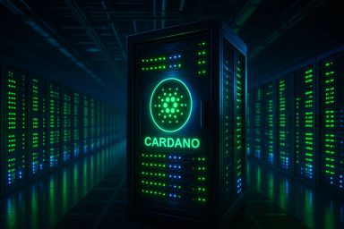 A dark server room with illuminated racks and a