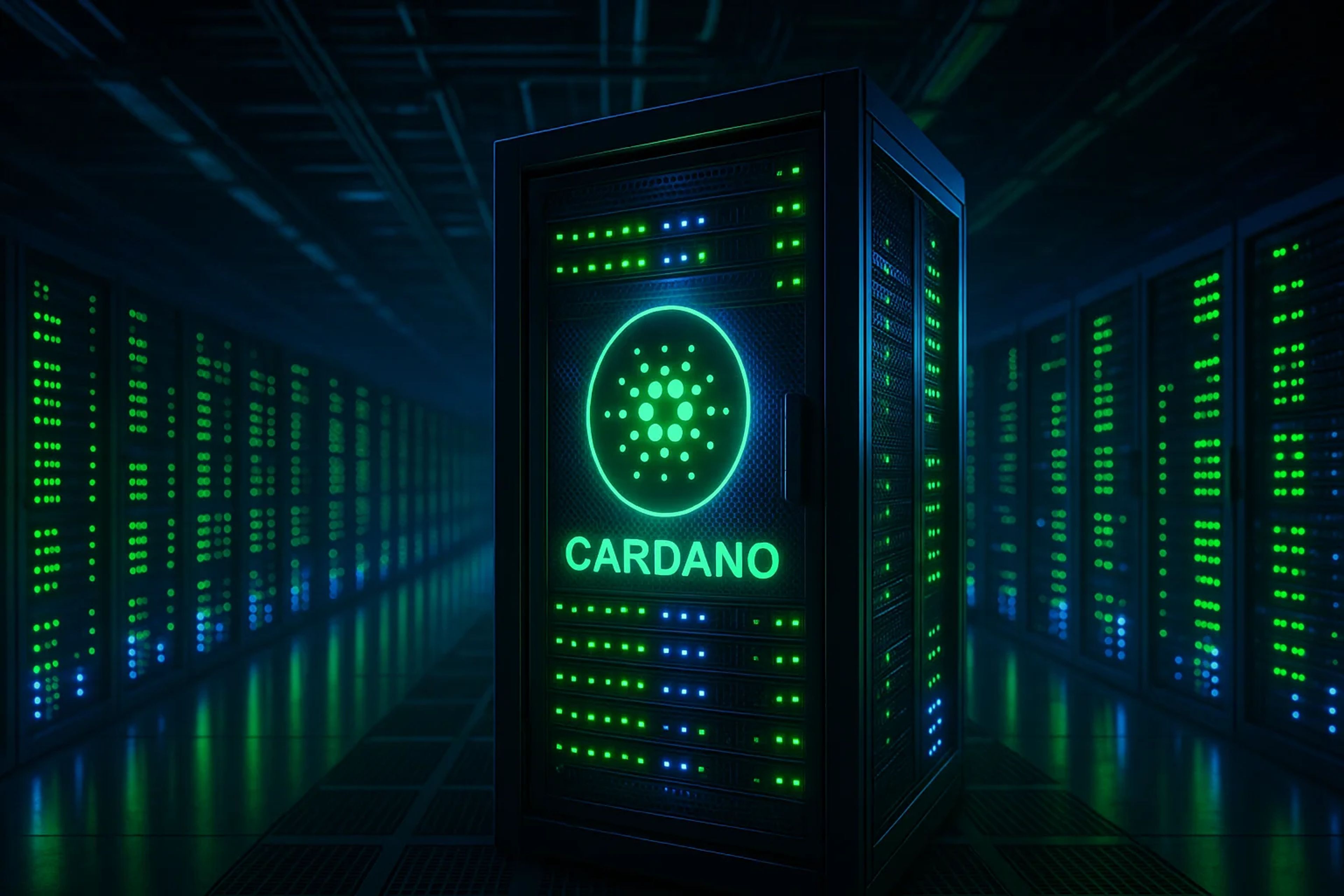 A dark server room with illuminated racks and a