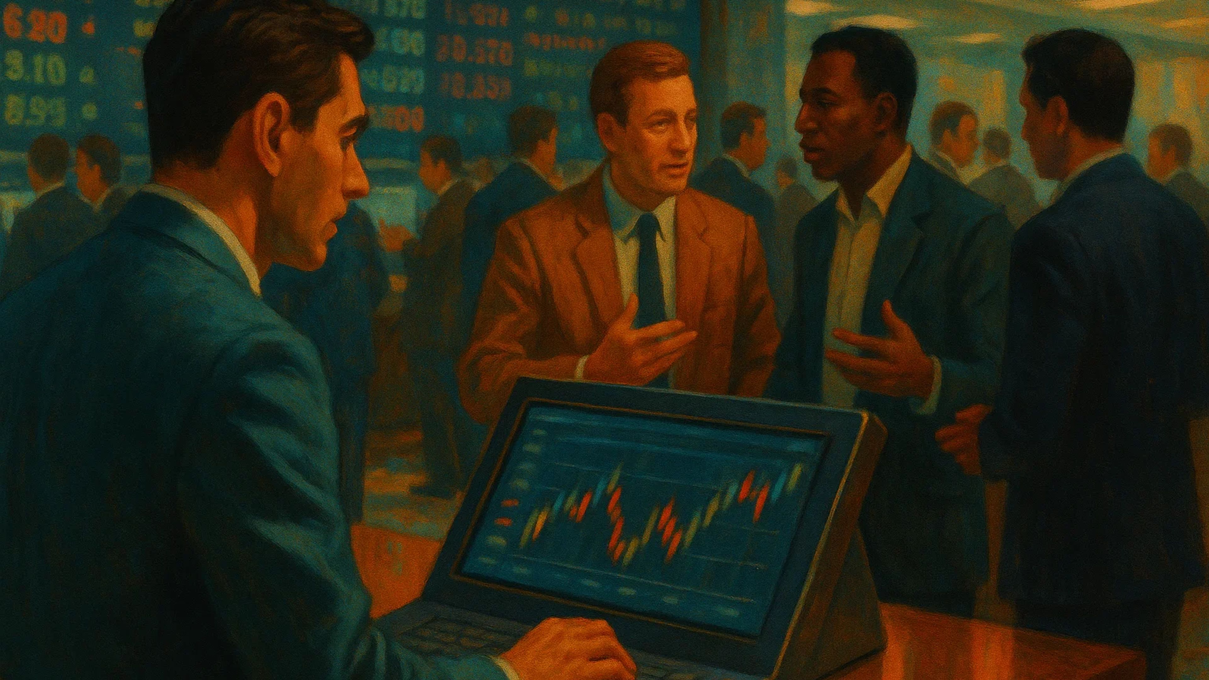 Four men in business attire discussing stock