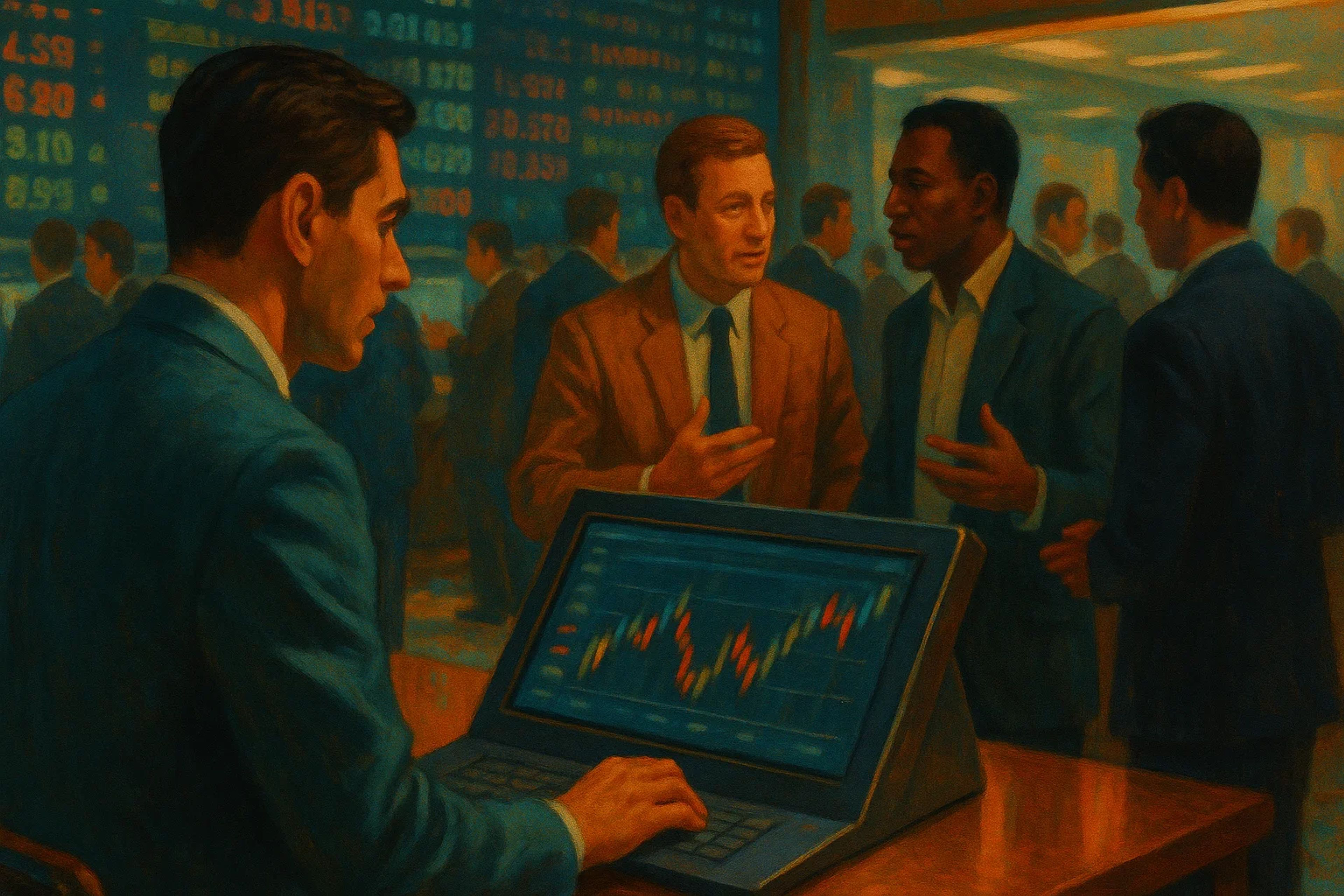 Four men in business attire discussing stock