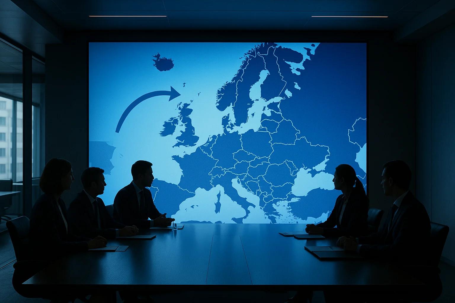 Silhouetted figures in a dark conference room