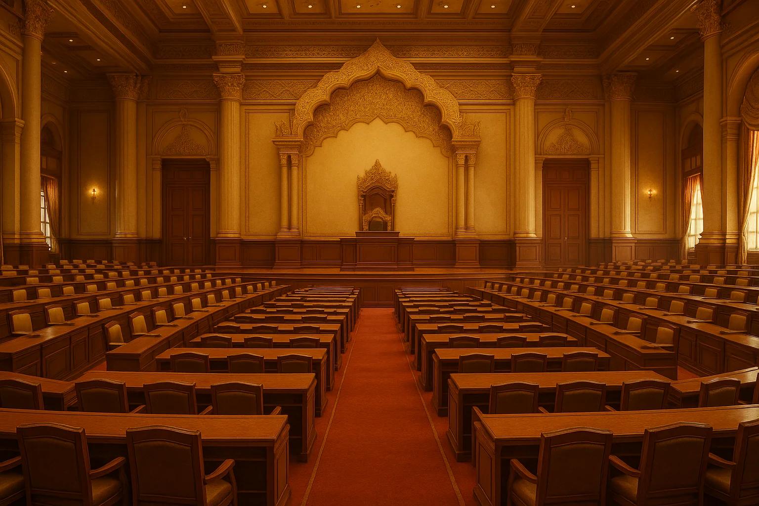 Ornate legislative chamber with rows of wooden