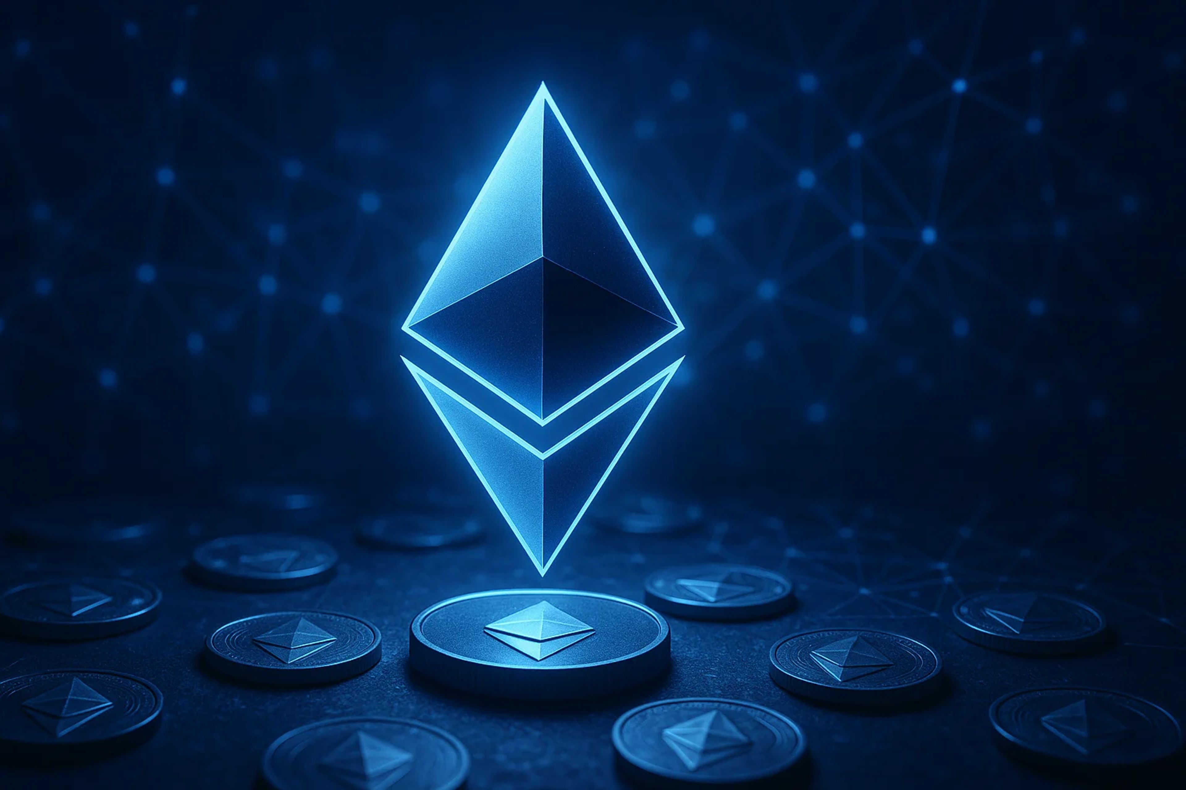Glowing blue Ethereum logo above dark coins