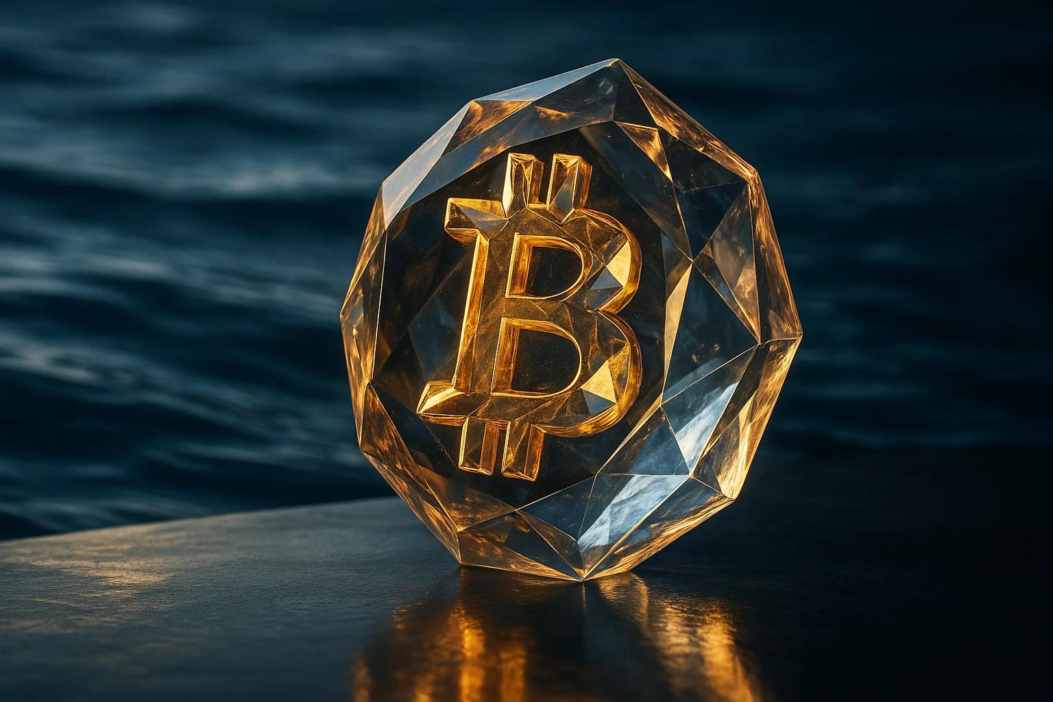 A faceted, golden Bitcoin symbol on a dark surface