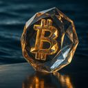 A faceted, golden Bitcoin symbol on a dark surface