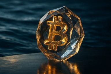 A faceted, golden Bitcoin symbol on a dark surface